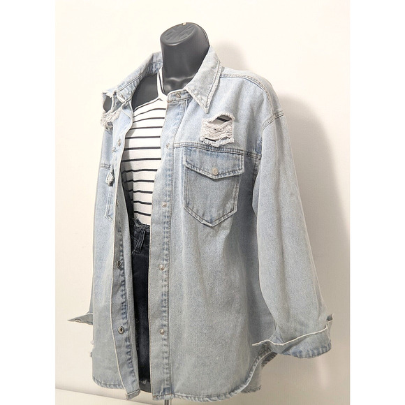 Ci Sono Womens Distressed Denim Jean Curved Hem Pockets Y2K 90s Jacket Shirt Top - Picture 7 of 14